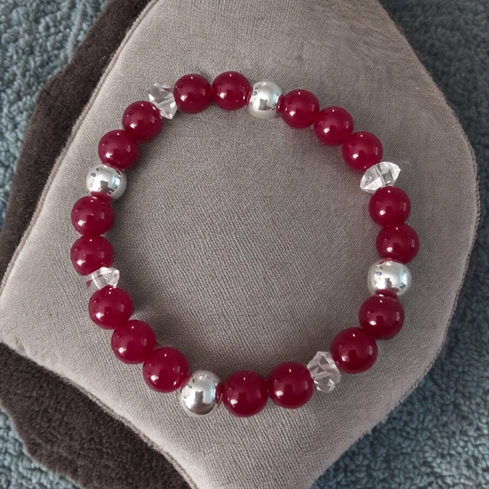Genuine Ruby Herkimer Diamond & Sterling Silver Beads Stretch Bracelet
